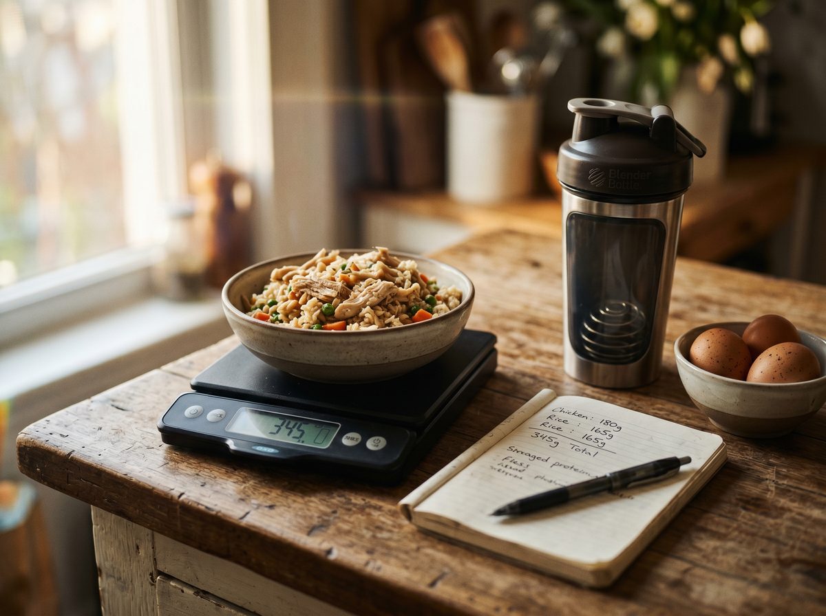 Proteinzufuhr-Tracking: Waage und Lebensmittel