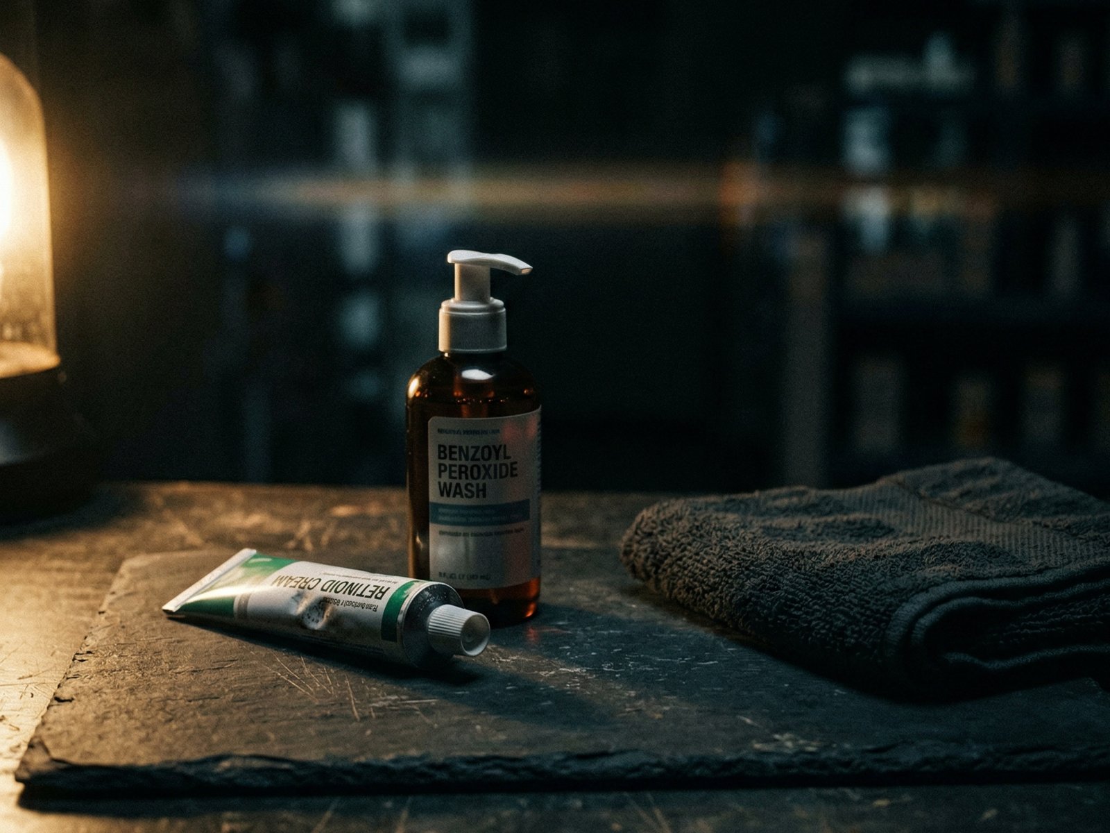 Apotheken-Arbeitsfläche mit Retinoid-Tube und Benzoylperoxid-Waschgel auf dunkler Schieferoberfläche