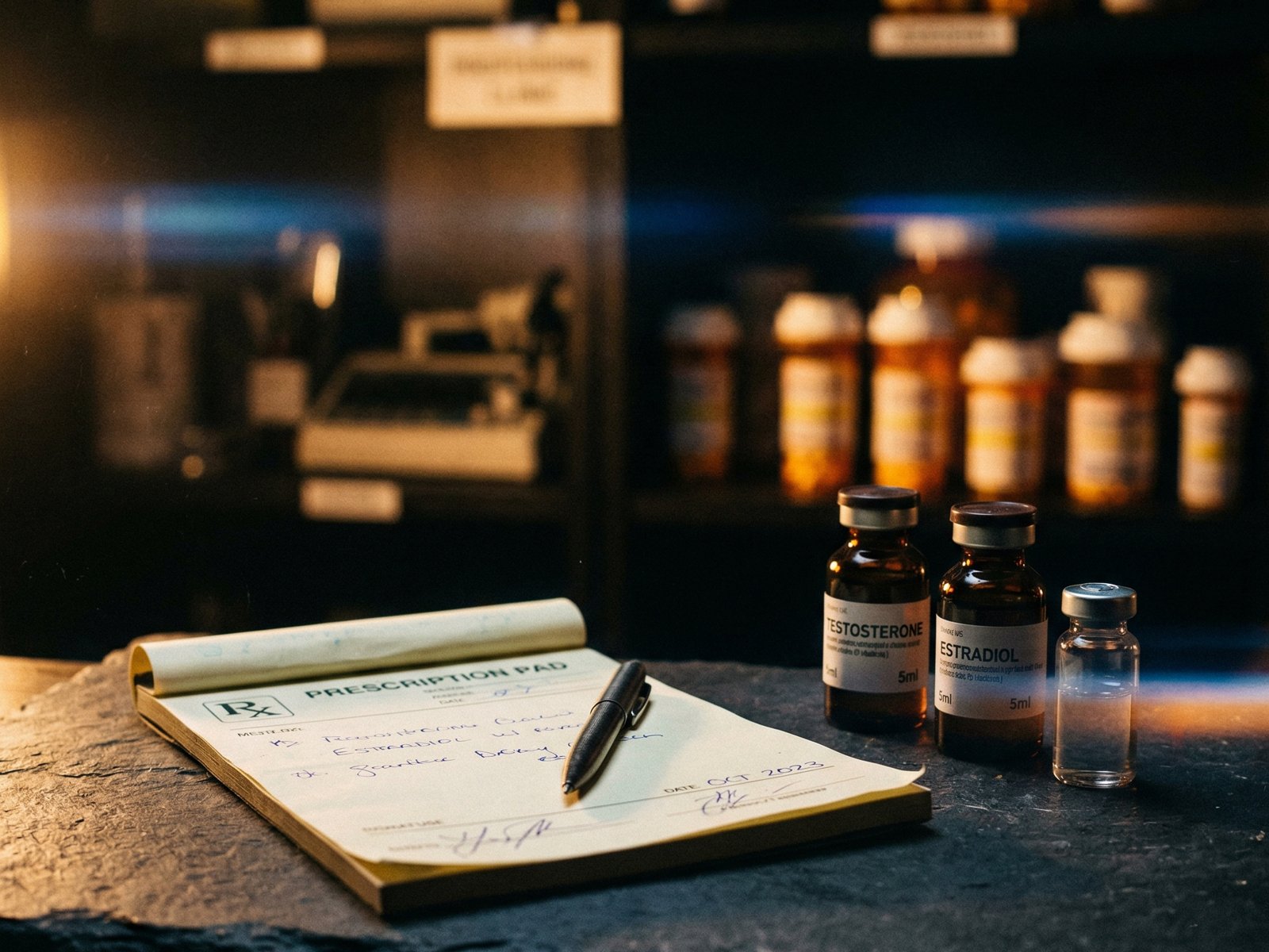 Rezeptblock und Hormonvials auf dunkler Schieferoberfläche, Pillenflaschen im Hintergrund
