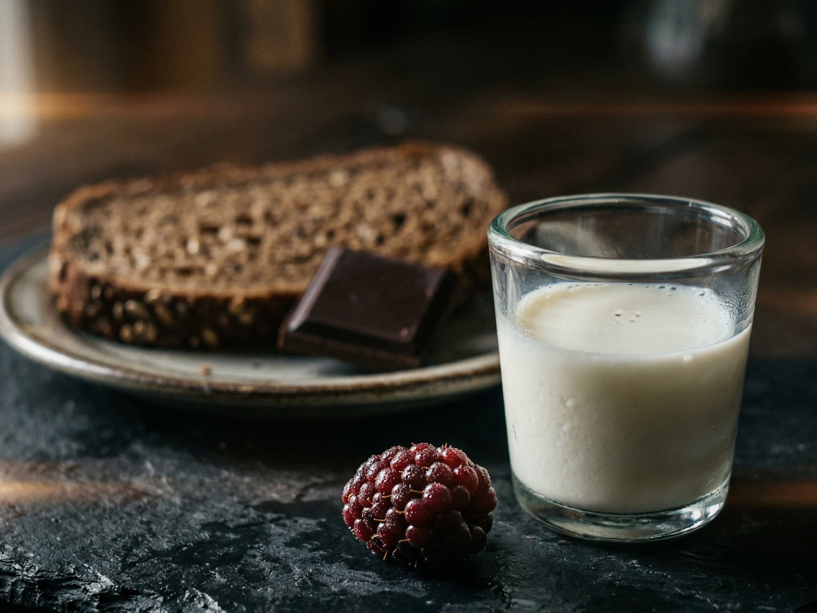 Glas Milch und dunkle Schokolade auf dunkler Schieferoberfläche, Mehl und Beeren im Hintergrund