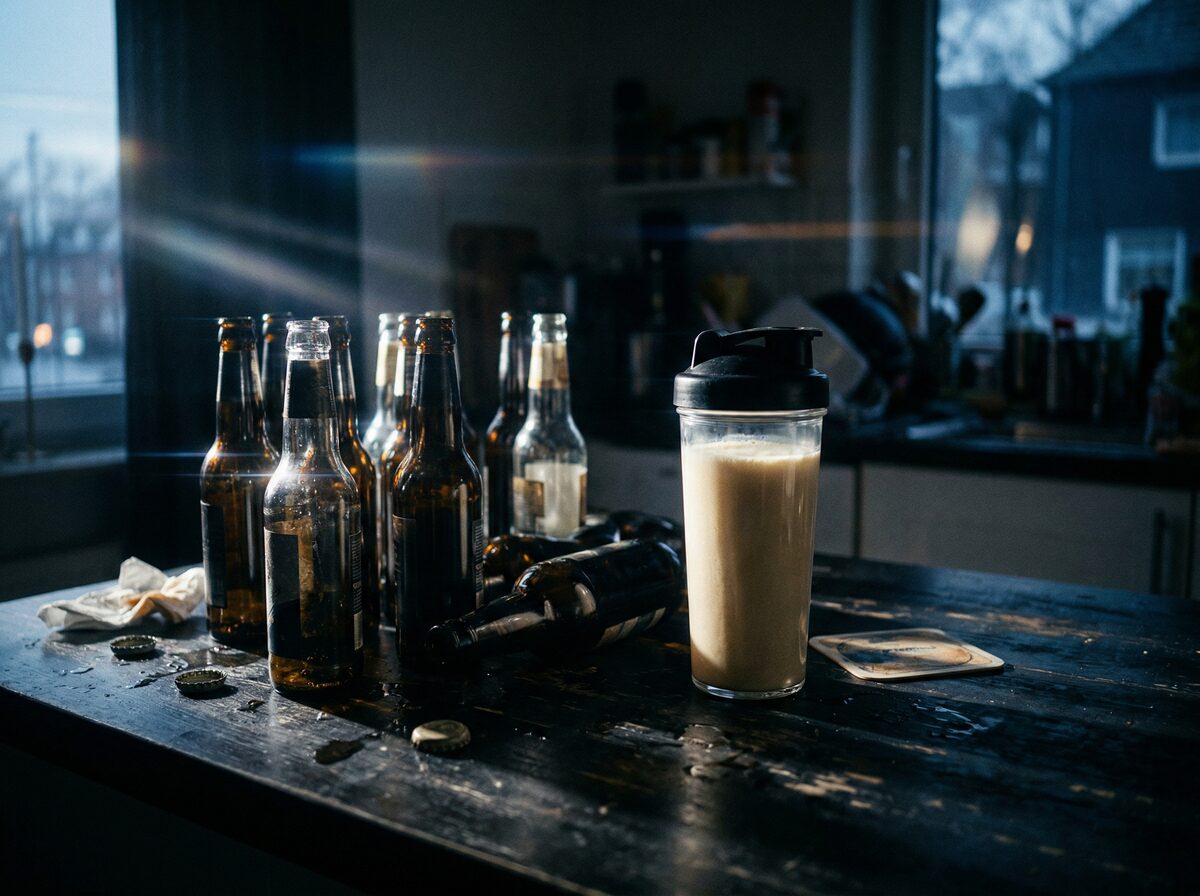 Leere Bierflaschen neben einem unberührten Proteinshake auf dunkler Oberfläche
