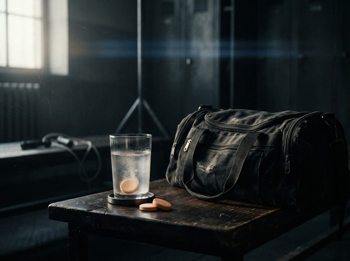 Wasserglas und Elektrolyt-Tabletten neben einer Sporttasche auf dunkler Oberfläche