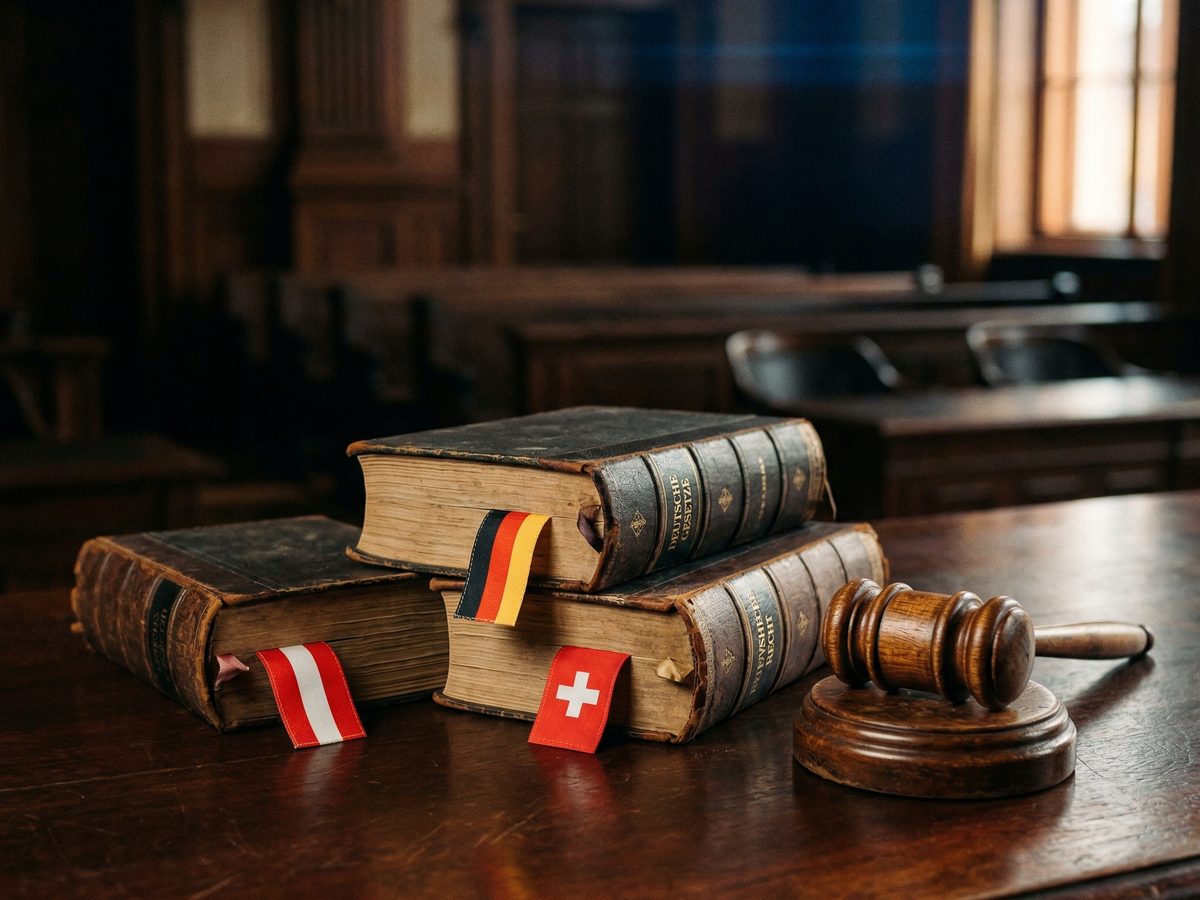 Drei juristische Gesetzestexte mit Flaggen von Deutschland, Schweiz und Österreich neben Richterhammer