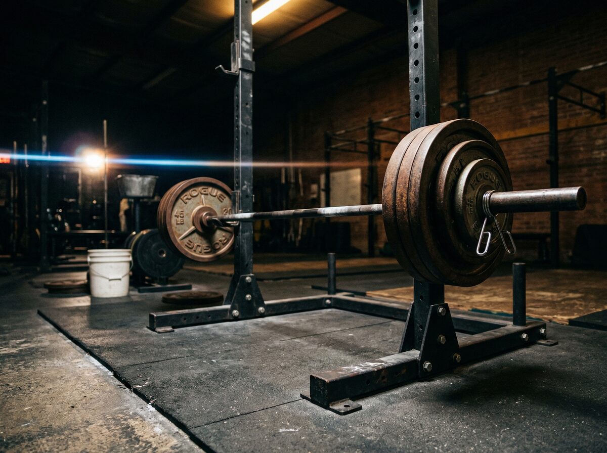 Schwere Langhantel auf Kniehöhe im Squat Rack