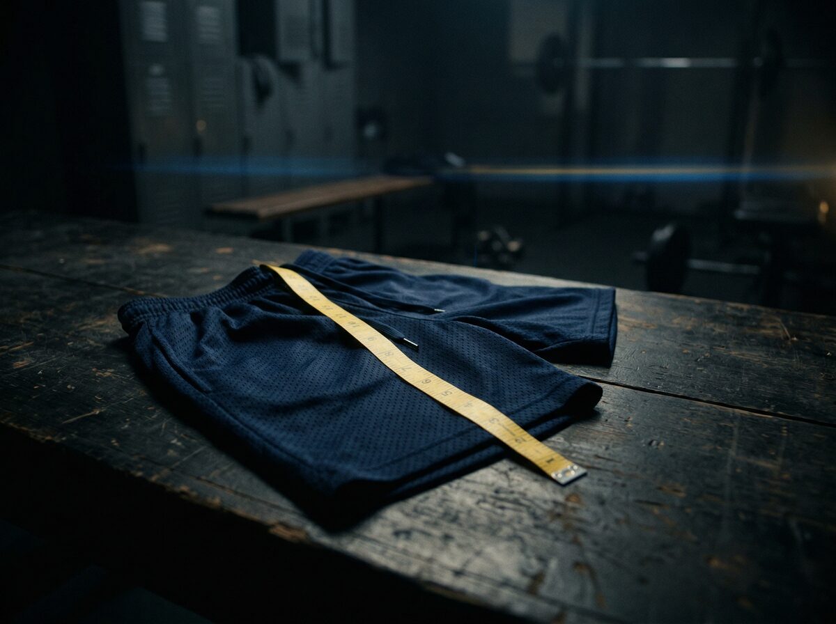 Maßband und Gym-Shorts auf dunkler Oberfläche