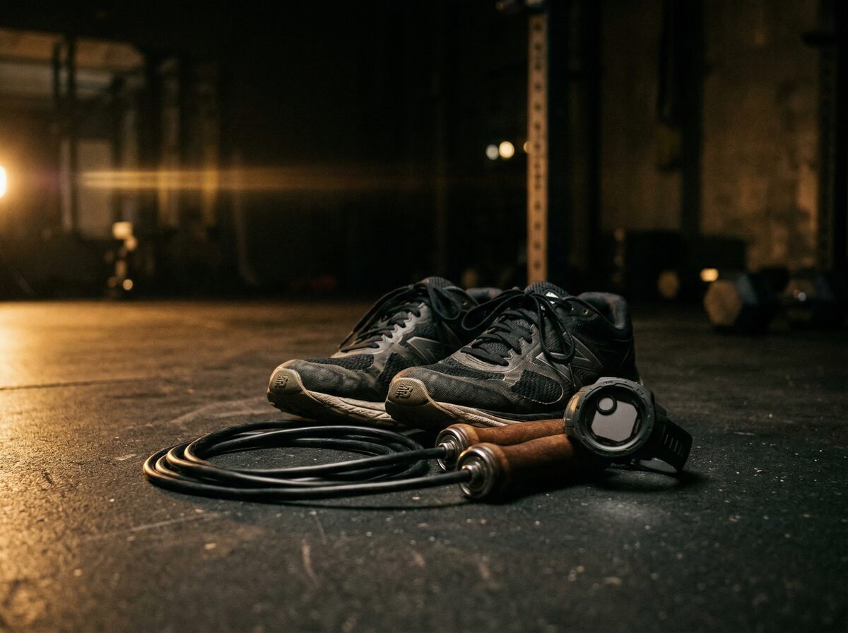 Laufschuhe und Springseil auf dunklem Gym-Boden neben einer Herzfrequenzuhr