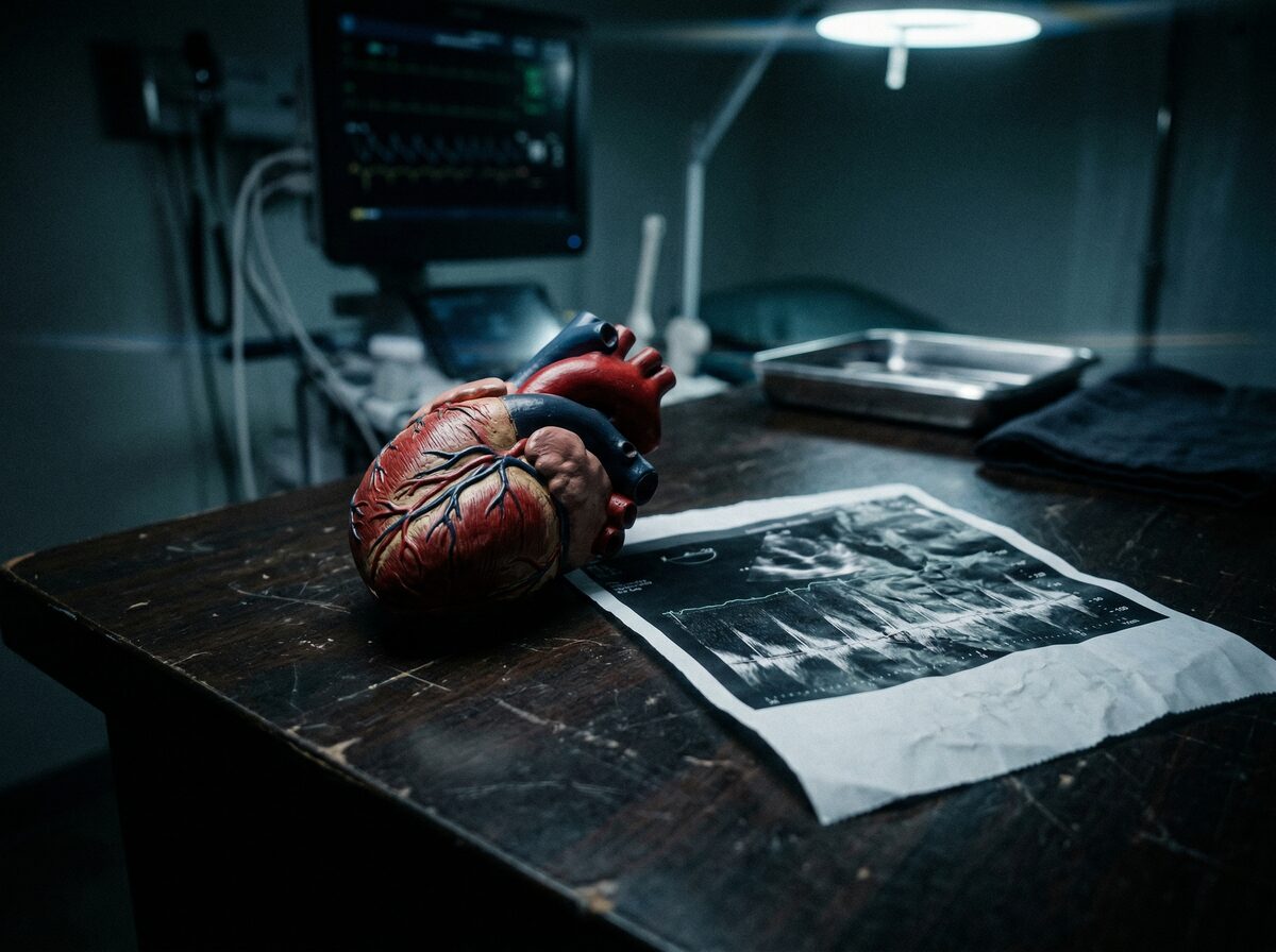 Anatomisches Herzmodell neben einem Echokardiogramm-Ausdruck auf dunklem Schreibtisch