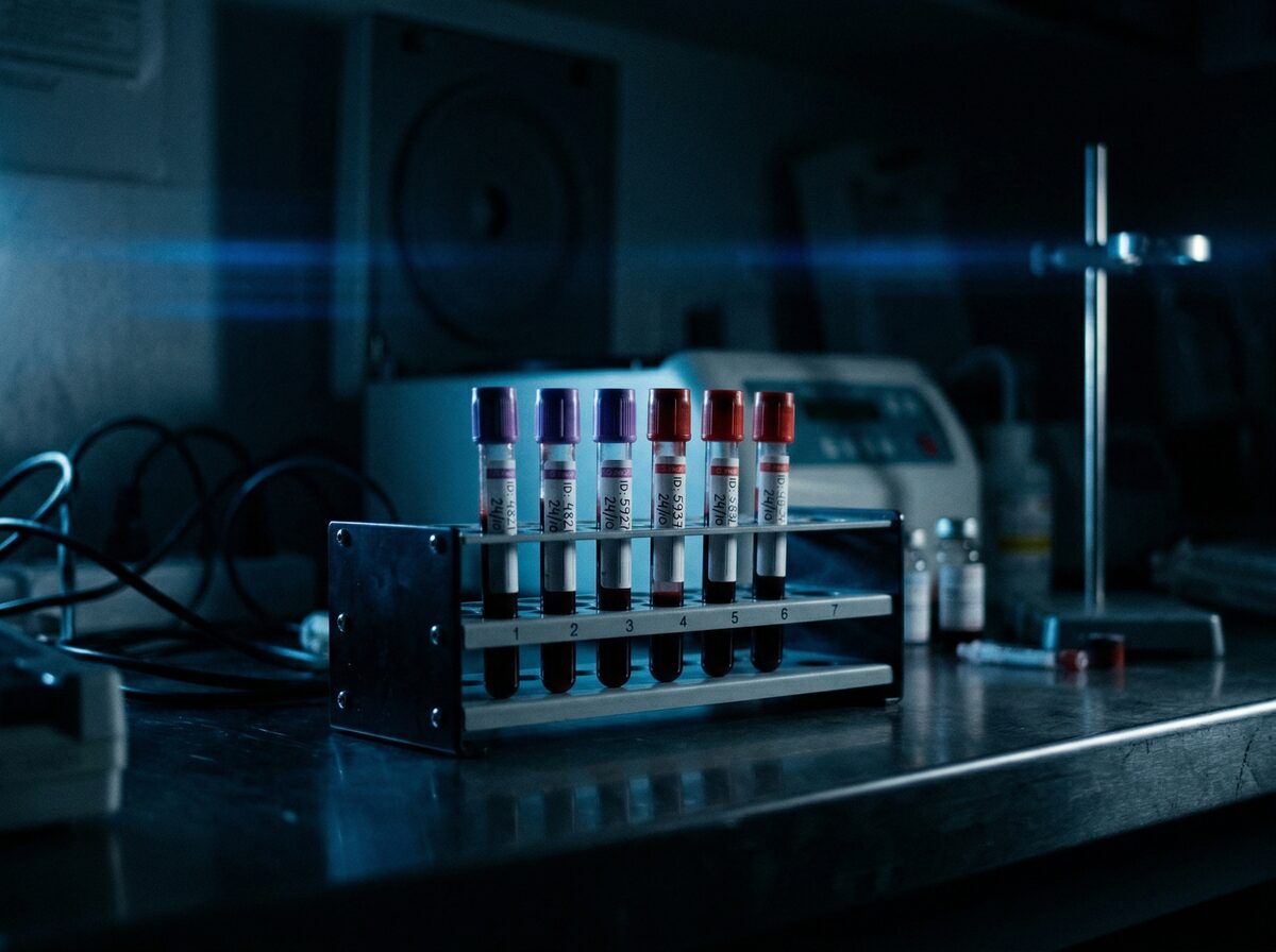 Blutprobenröhrchen in einem Zentrifugenständer mit dunkelblauer Beleuchtung