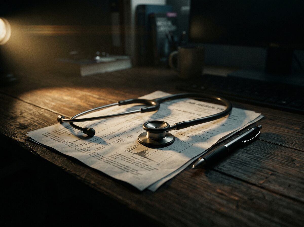 Stethoskop auf Laborergebnissen neben einem Stift auf dunklem Holzschreibtisch