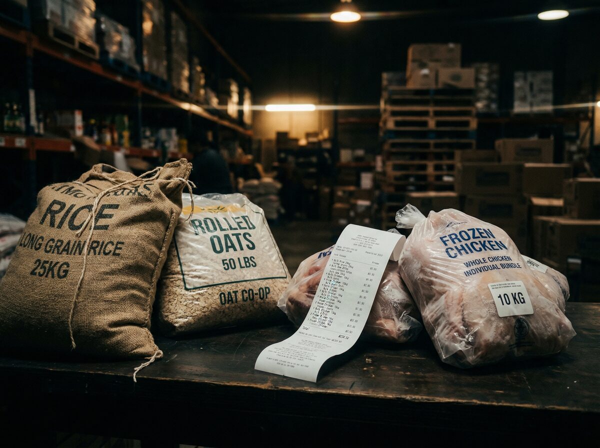 Großpackungen Reis, Haferflocken und Tiefkühl-Hähnchen neben einem Kassenbon