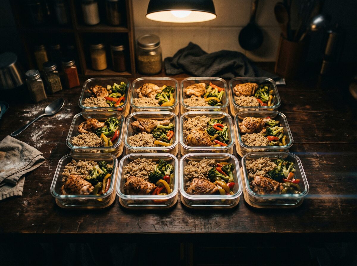 Wöchentliche Meal-Prep-Auslage mit 12 identischen Budget-Mahlzeiten auf dunkler Oberfläche