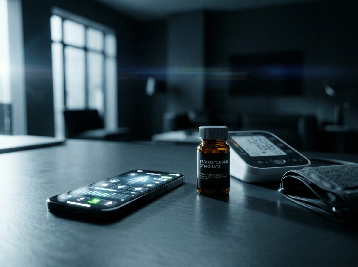 Smartphone mit Blutwert-App neben modernem TRT-Equipment