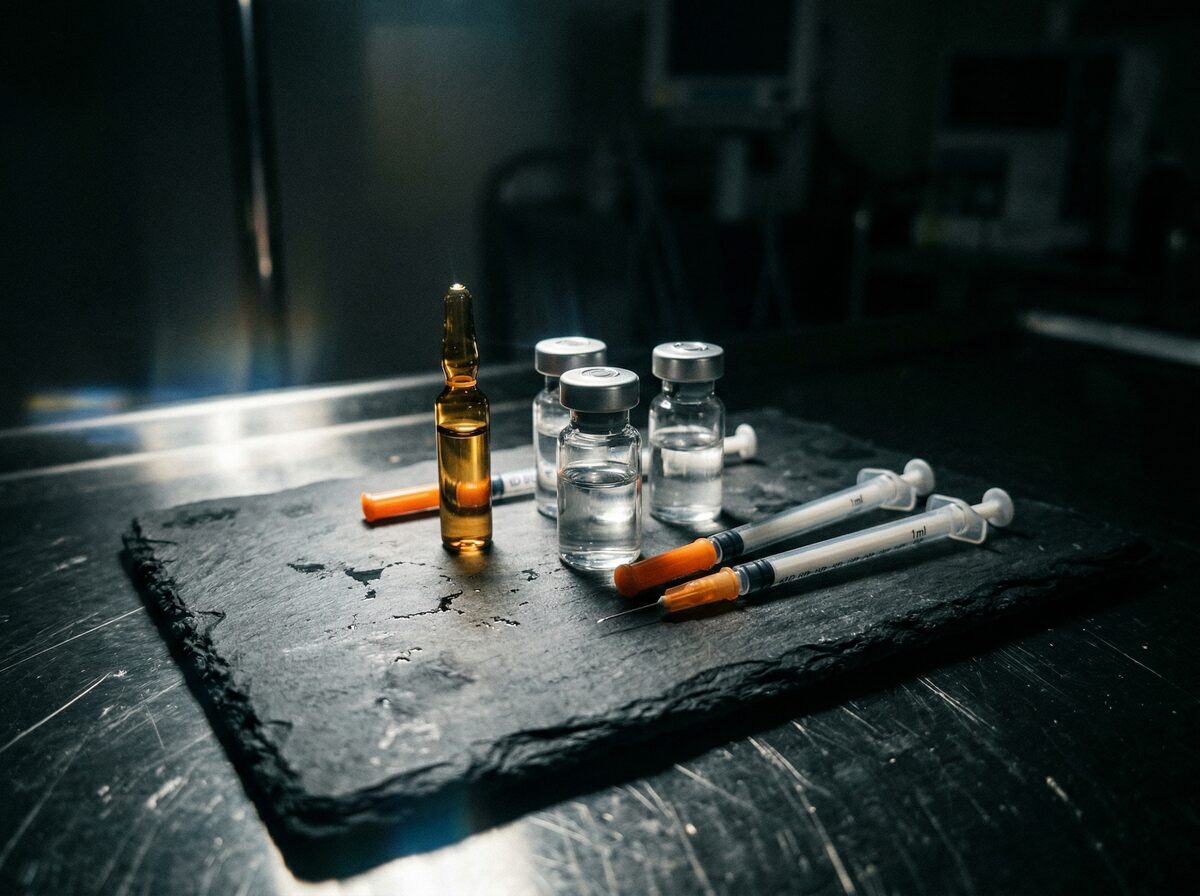 Peptid-Vials mit bakteriostatischem Wasser und Insulinspritzen auf dunkler Schieferoberfläche