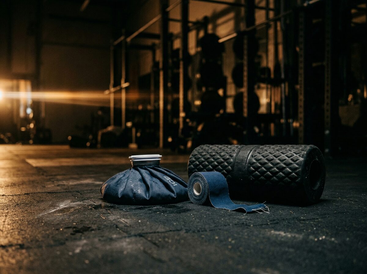 Eispack und Kinesio-Tape neben einer Faszienrolle auf dunklem Gym-Boden