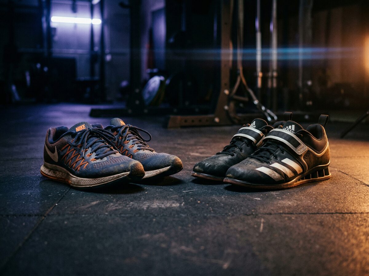 Laufschuhe neben Gewichtheberschuhen auf dunklem Boden