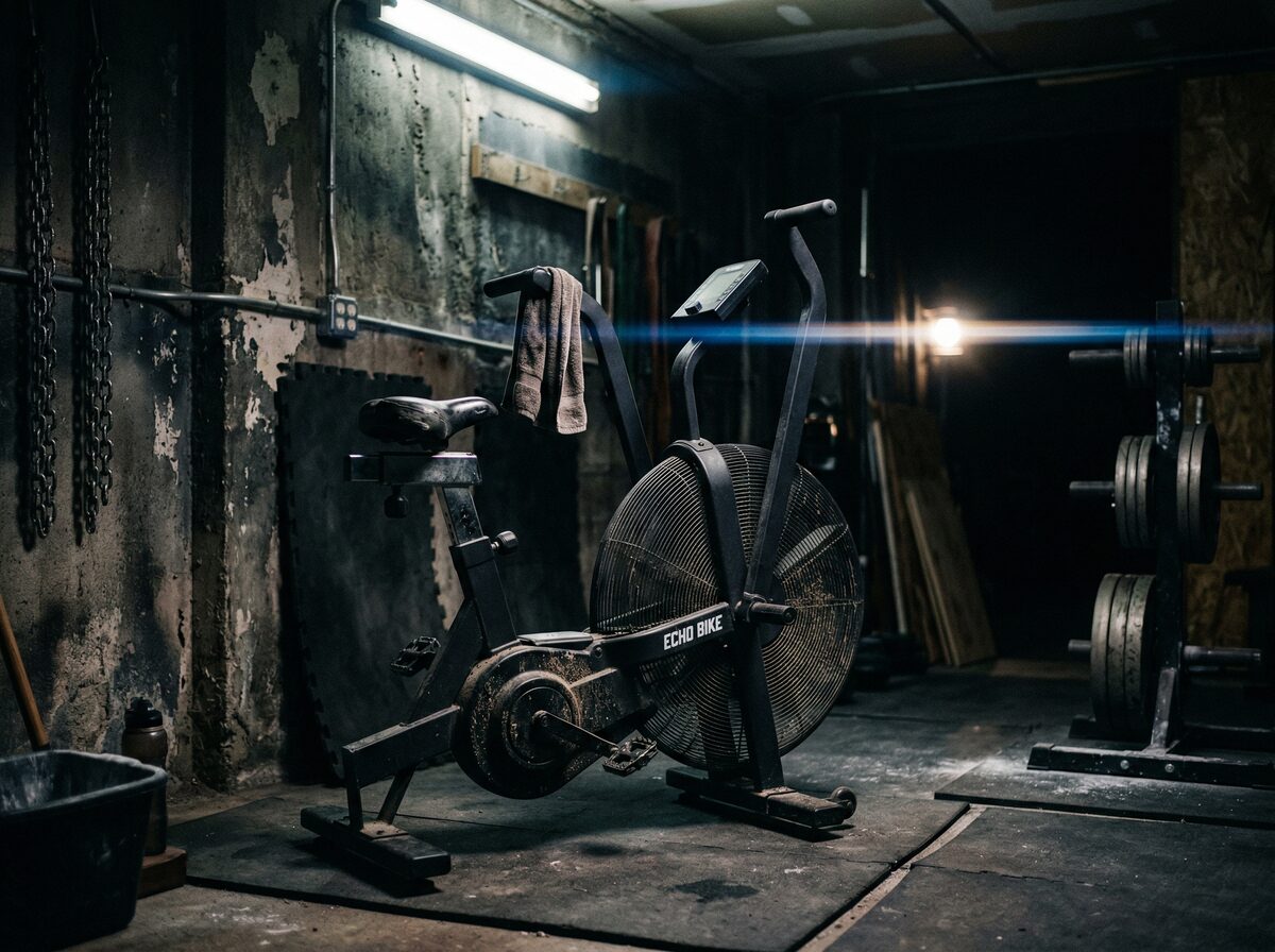 Assault Bike in einer dunklen Garage-Gym-Ecke