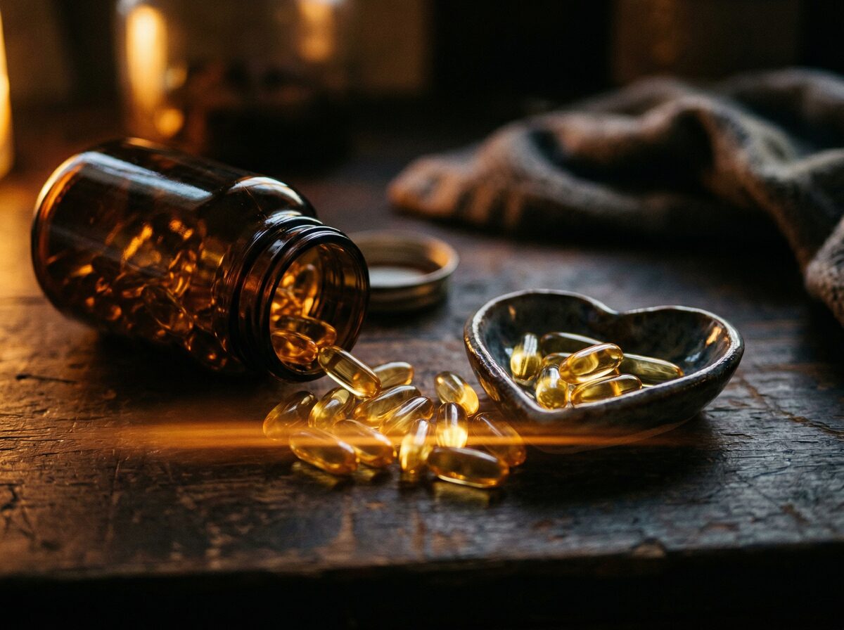 Omega-3 Fischölkapseln neben herzförmiger Schale auf dunkler Oberfläche