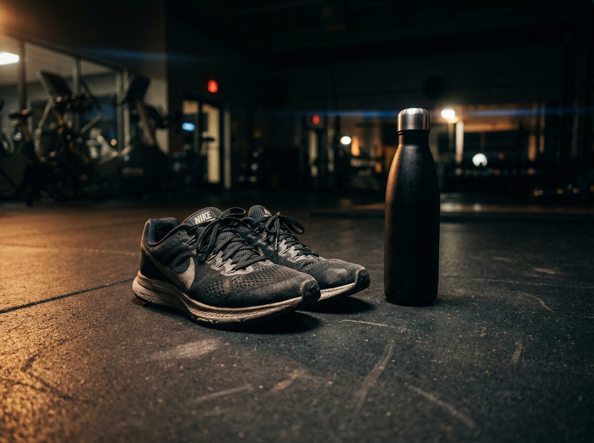 Laufschuhe neben Wasserflasche auf dunklem Gym-Boden