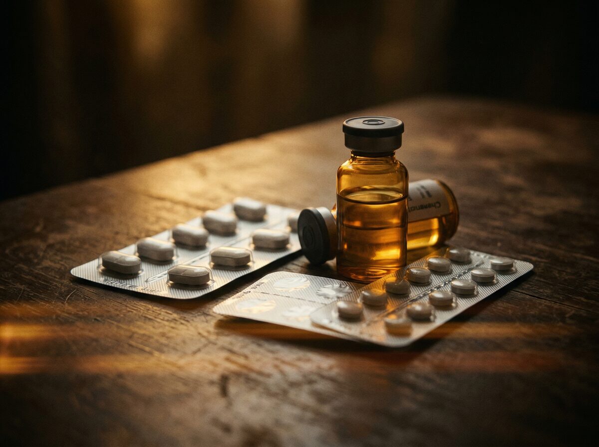 Cabergolin und Proviron Blisterpackungen neben Nandrolon-Vial