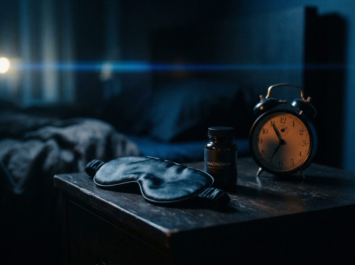 Schlafmaske und Magnesium-Supplement auf einem dunklen Nachttisch