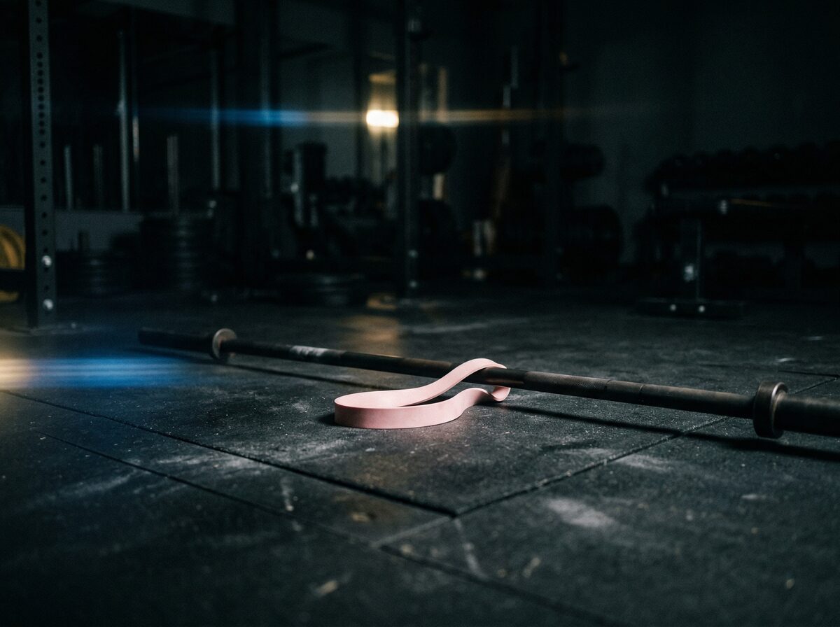 Leichtes Widerstandsband und leere Langhantel auf dunklem Gym-Boden