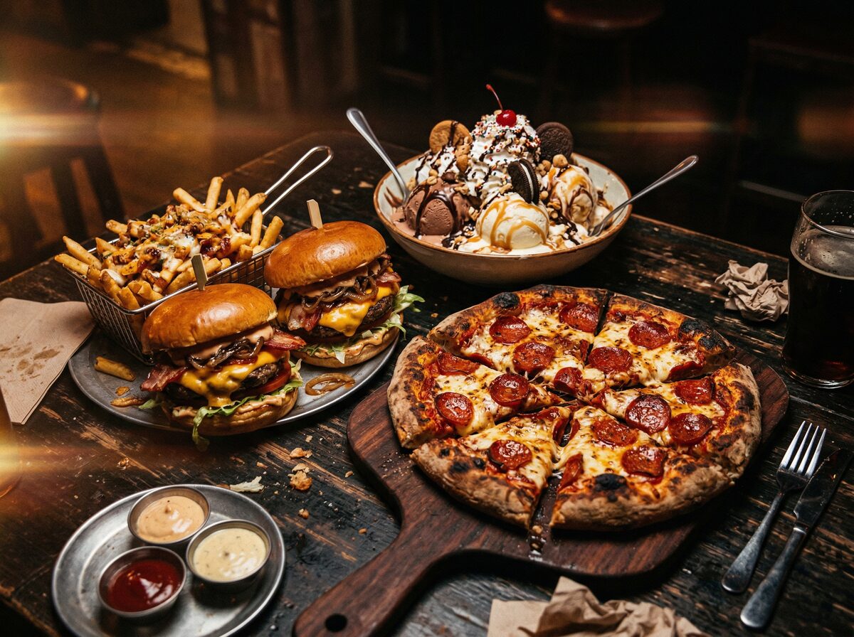 Dirty Bulk Mahlzeit mit Pizza, Burgern und Eis auf dunklem Tisch