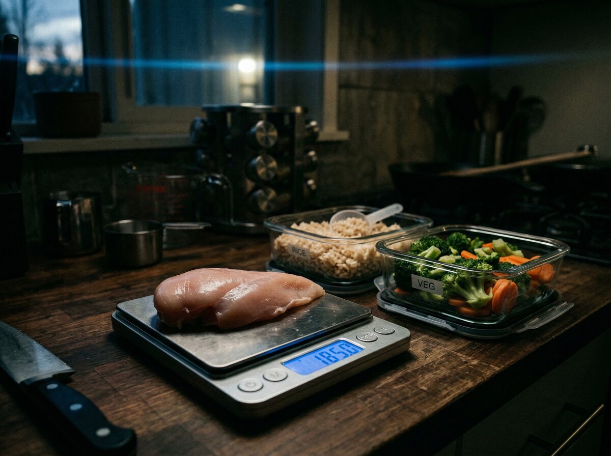 Küchenwaage mit Hähnchenbrust neben abgewogenem Reis und Gemüse in Behältern