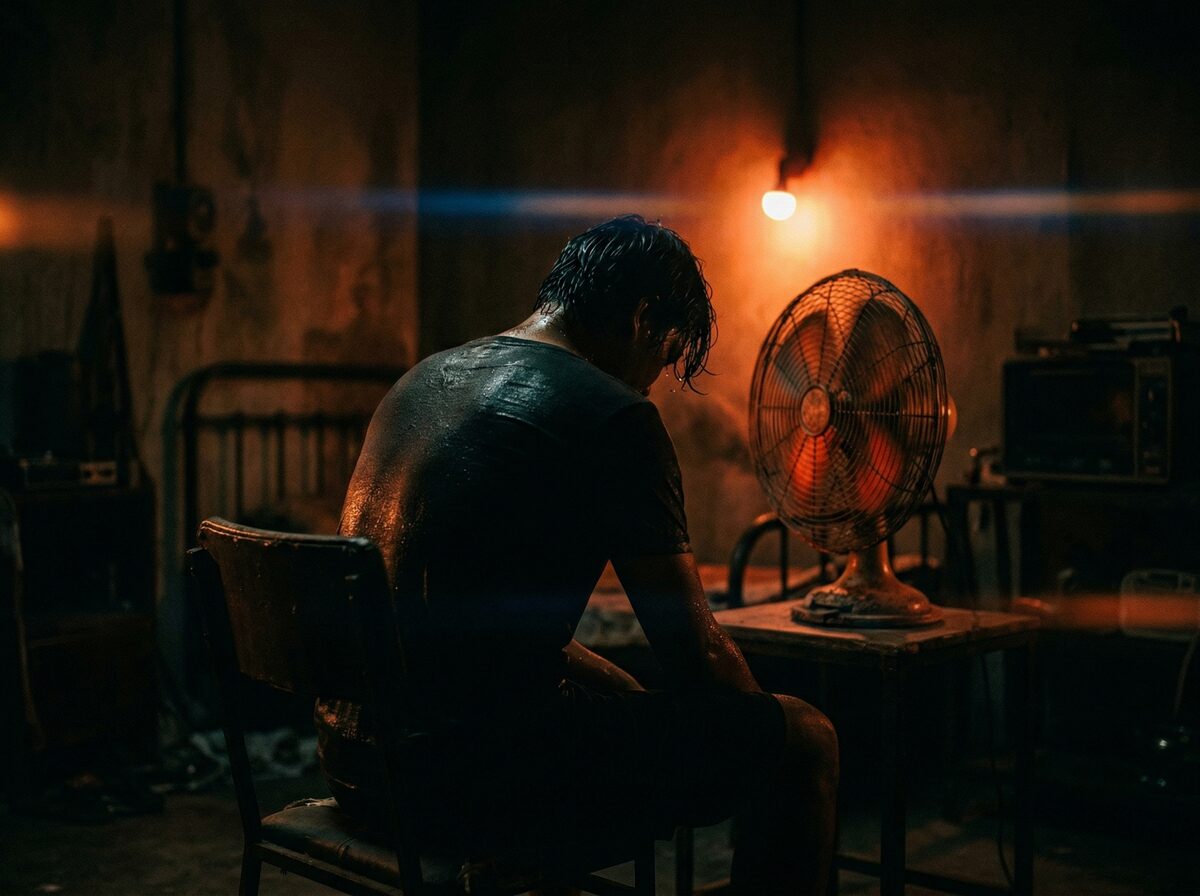 Silhouette einer schwitzenden Person vor einem Ventilator in dunklem Raum, extreme Hitze