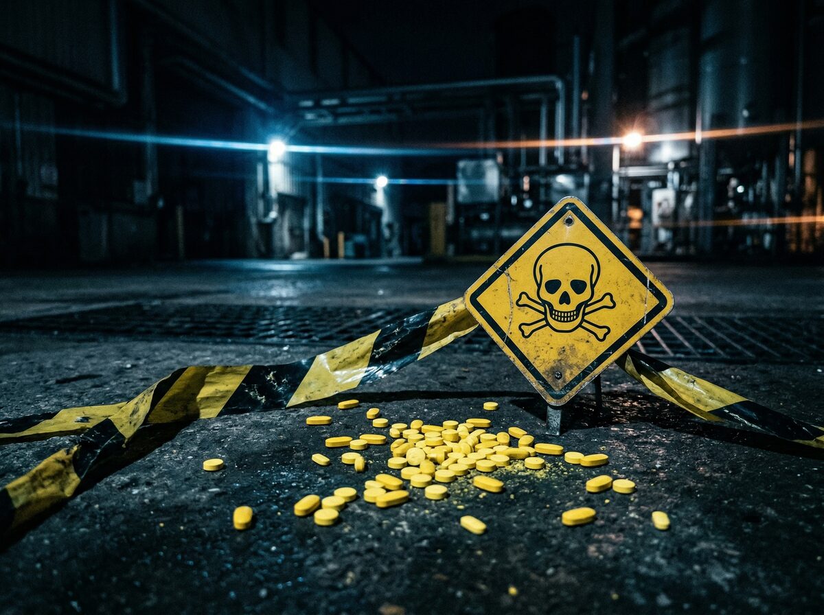Absperrband und Gefahrensymbol neben verstreuten gelben Pillen auf dunkler Oberfläche