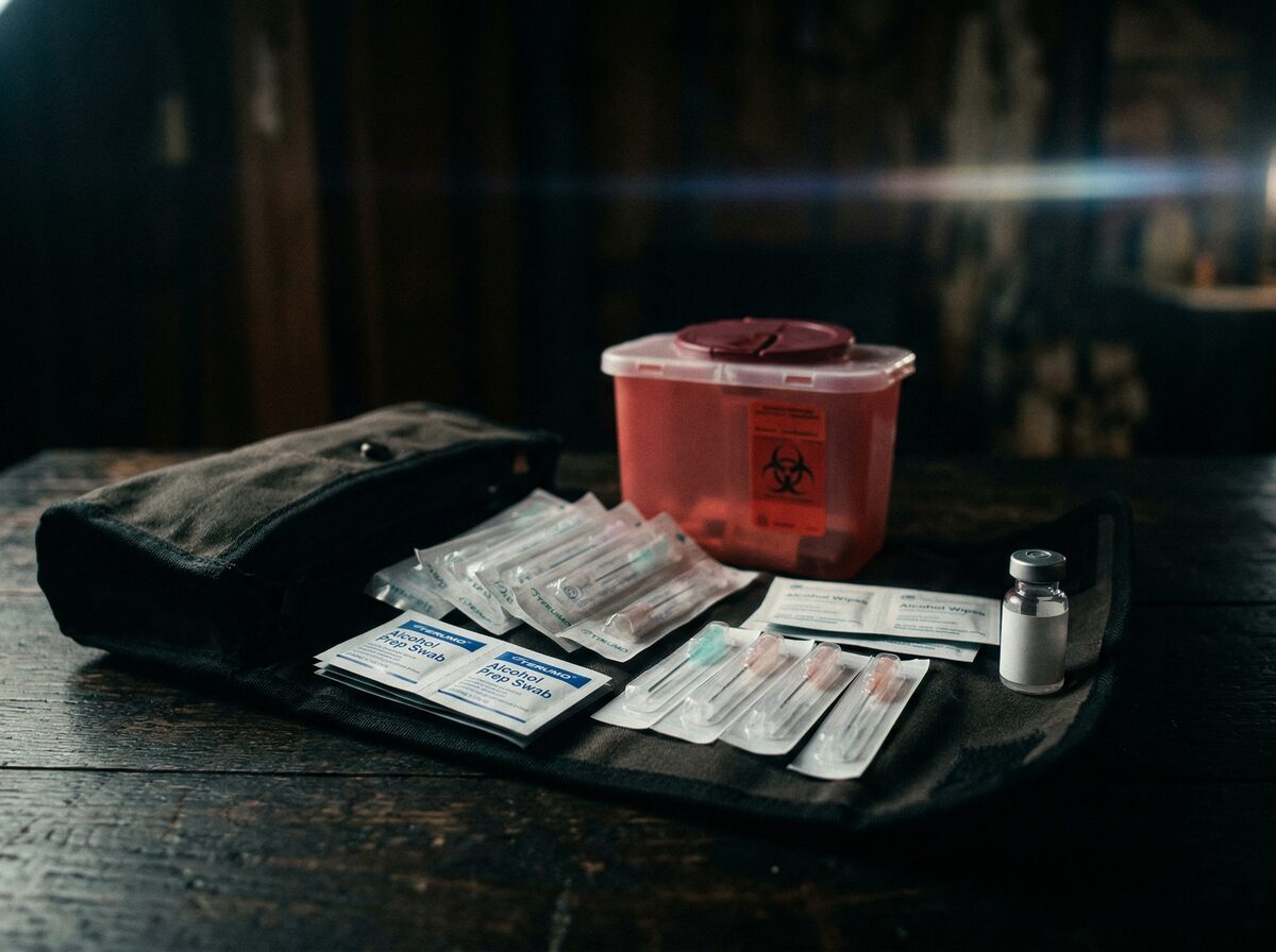 Geöffnetes medizinisches Vorbereitungskit mit Alkoholtupfern, sterilen Nadeln und Entsorgungsbehälter auf dunkler Oberfläche