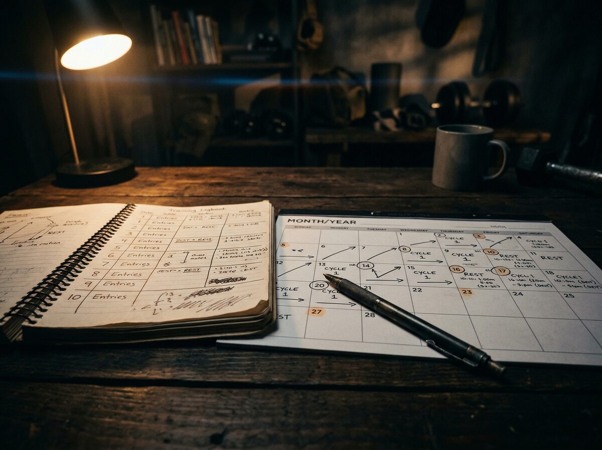 Offenes Trainingstagebuch neben einem Kalender mit markierten Daten und Stift auf dunklem Schreibtisch