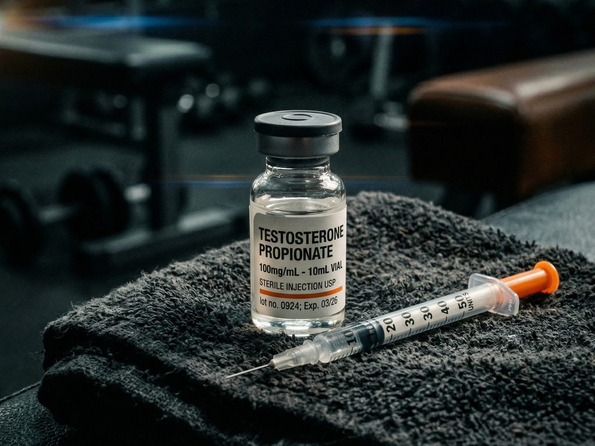 Testosteron Propionat Vial mit Insulinspritze auf Gym-Handtuch