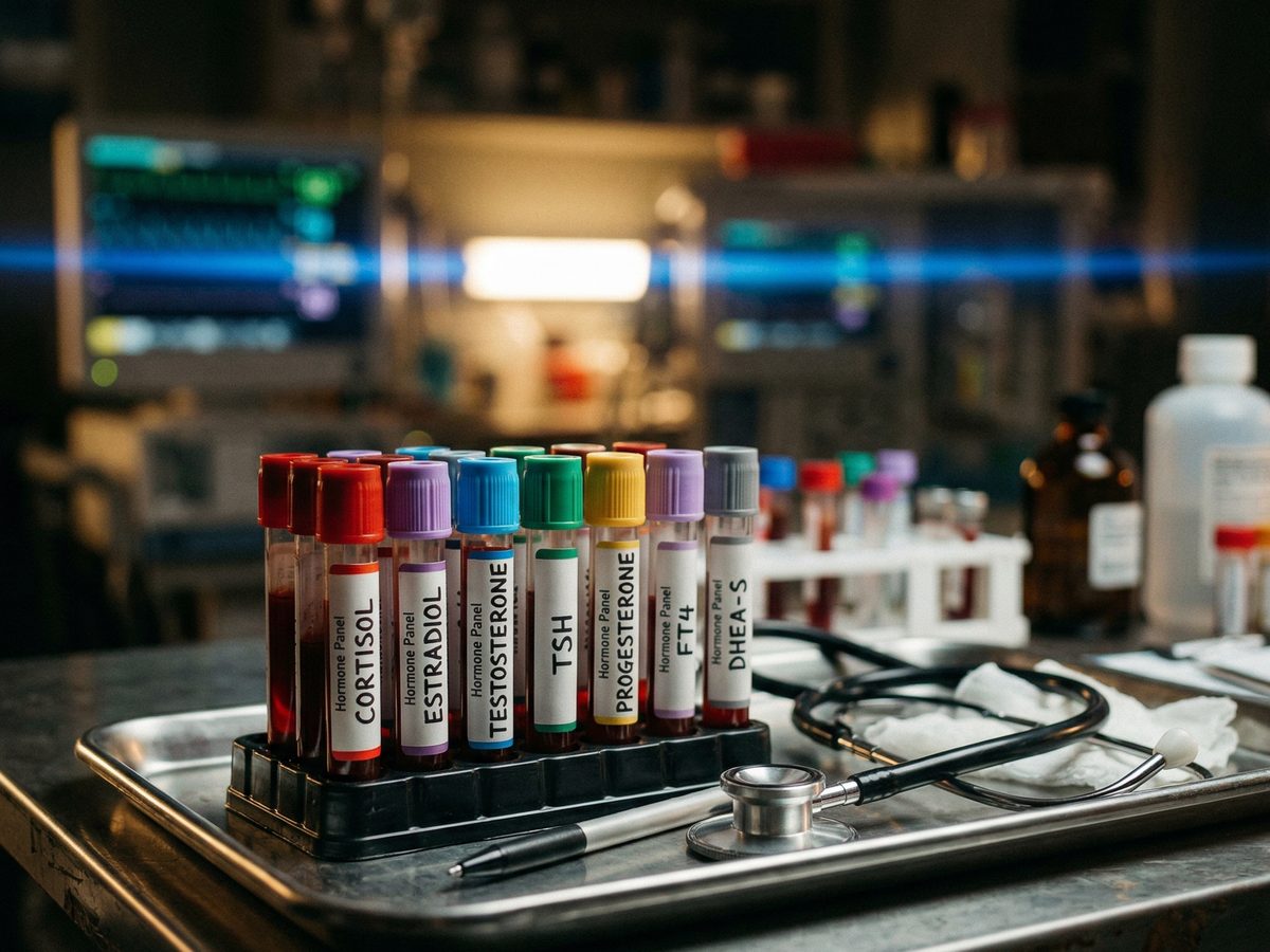 Blutabnahme-Röhrchen mit Hormonpanel-Markern auf klinischem Tablett