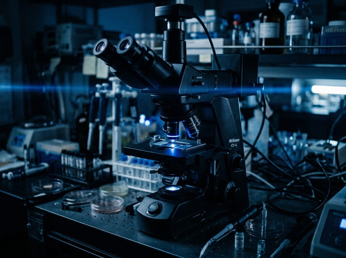 Mikroskop in einem Labor mit dunkelblauer Umgebungsbeleuchtung, Sperma-Analyse-Konzept