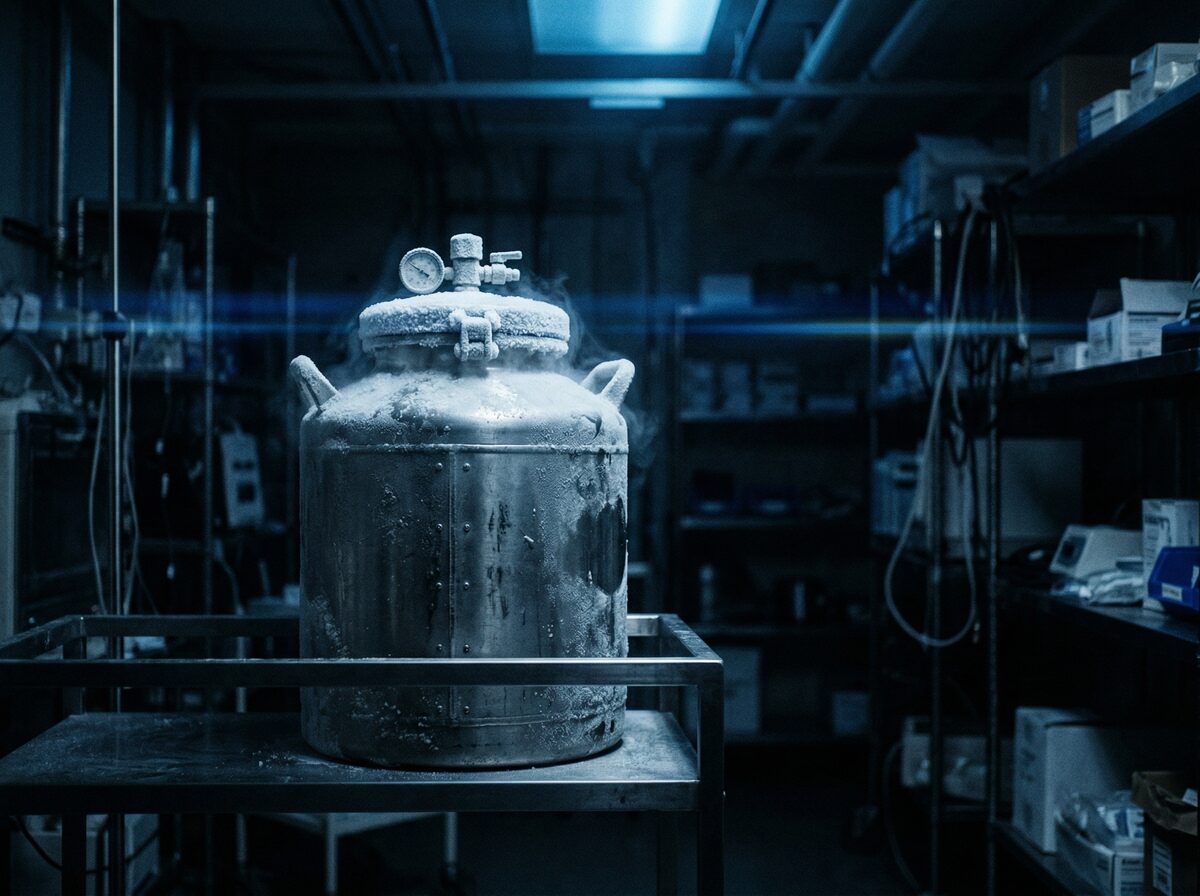 Kryogener Lagerungsbehälter mit Frost auf dem Deckel in dunklem medizinischen Lagerraum