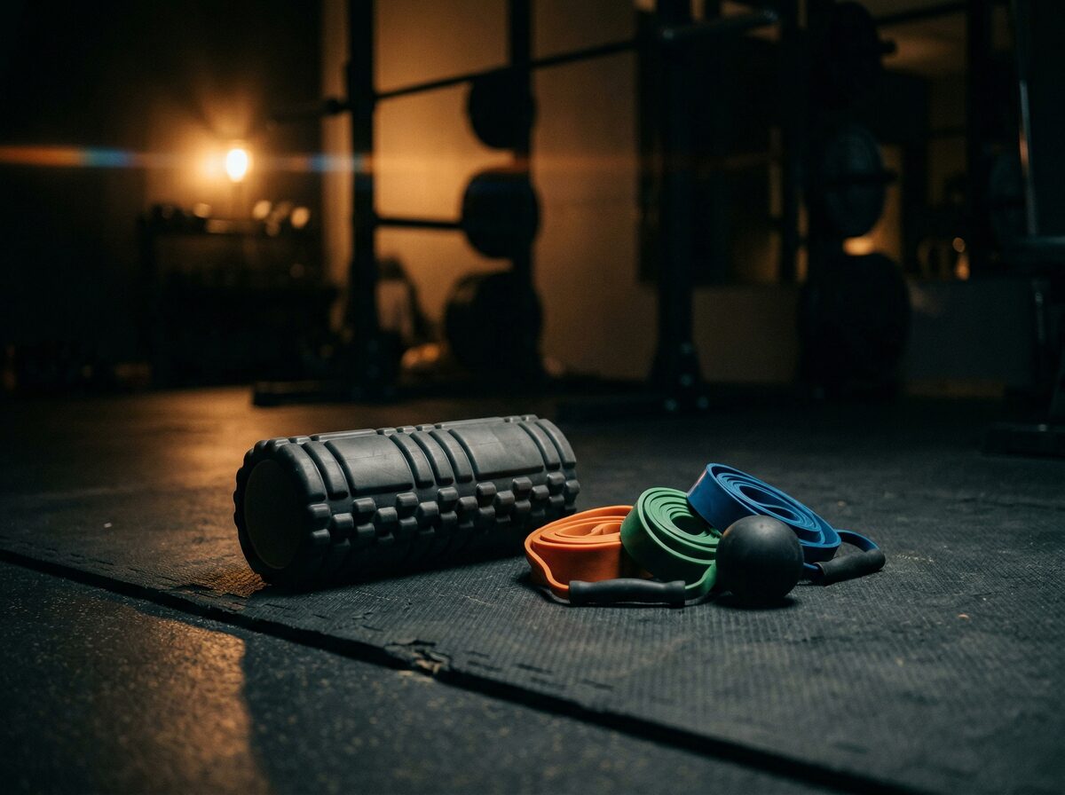 Faszienrolle, Widerstandsbänder und Lacrosse-Ball auf dunkler Gym-Matte