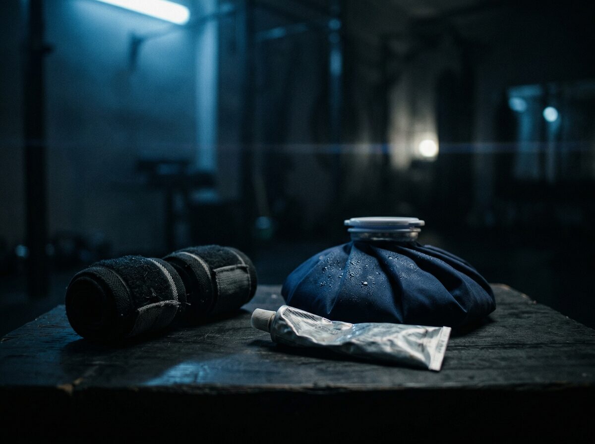 Eispack und Handgelenkbandagen auf dunkler Oberfläche