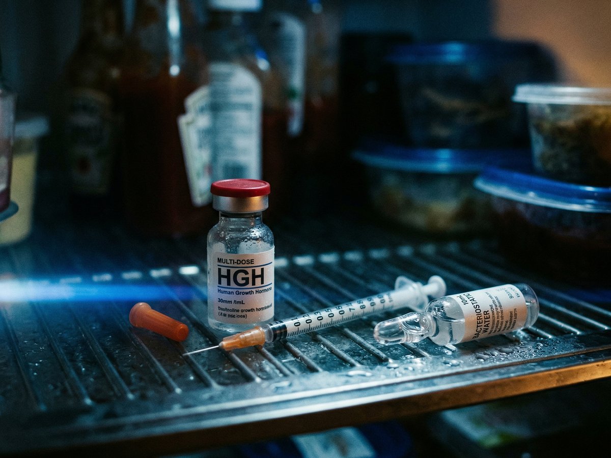 Angemischtes HGH im Kühlschrank mit Insulinspritze und BAC-Wasser-Ampulle