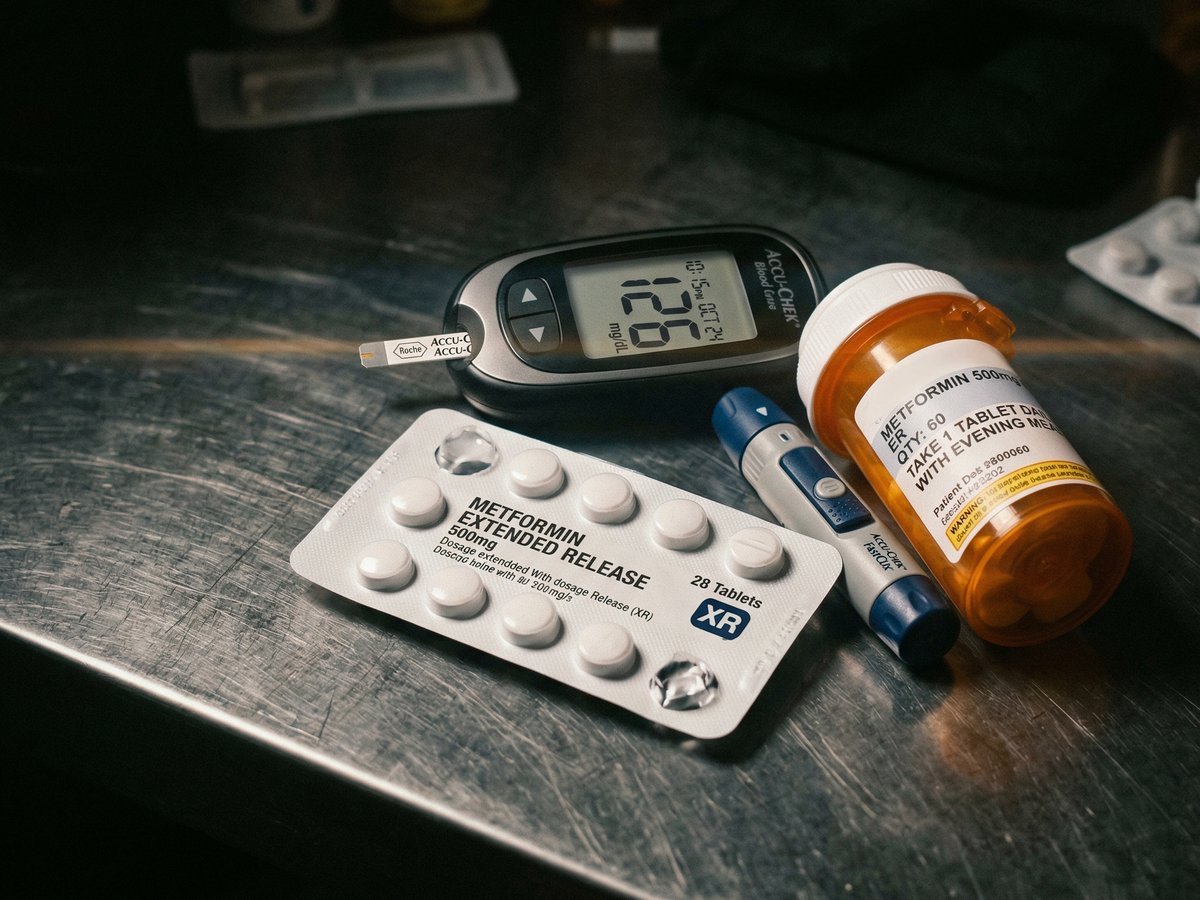 Tablettenschachtel mit Metformin XR und Blutzuckermessgerat auf dunkler Oberflache