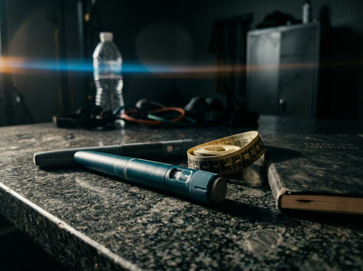 GLP-1-Injektionspens auf dunkler Granitoberfläche neben Maßband und Fitness-Journal