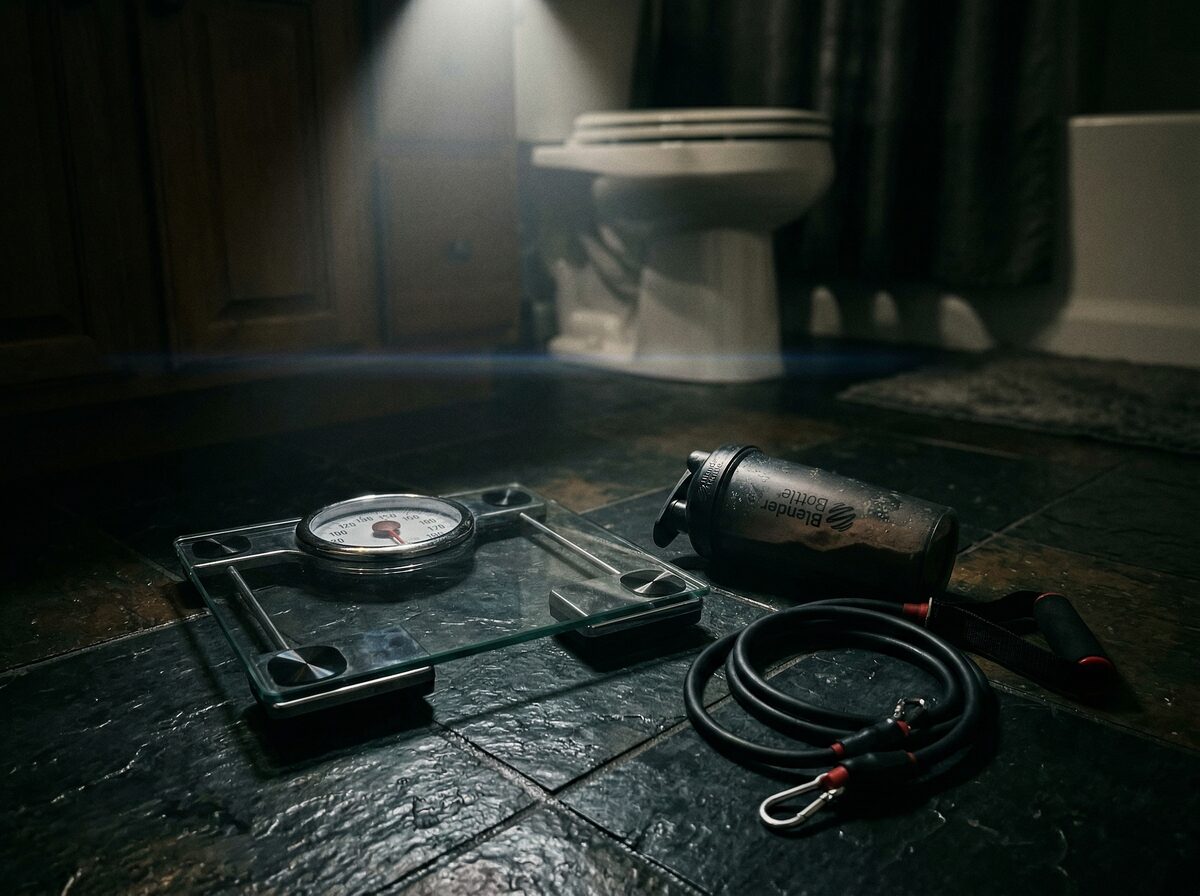 Waage auf dunklem Fliesenboden neben Protein-Shaker und Widerstandsband