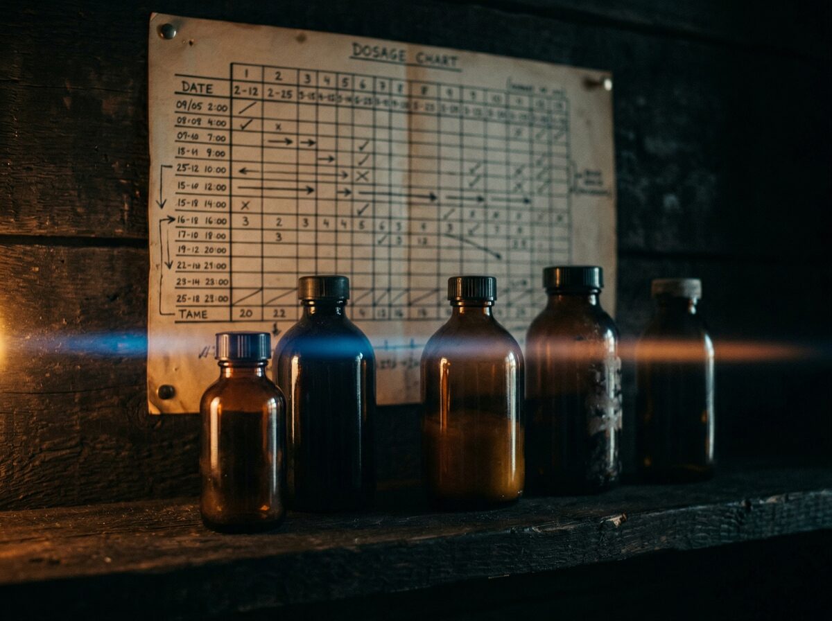 Aromatasehemmer-Flaschen auf dunklem Regal mit Dosierungstabelle im Hintergrund