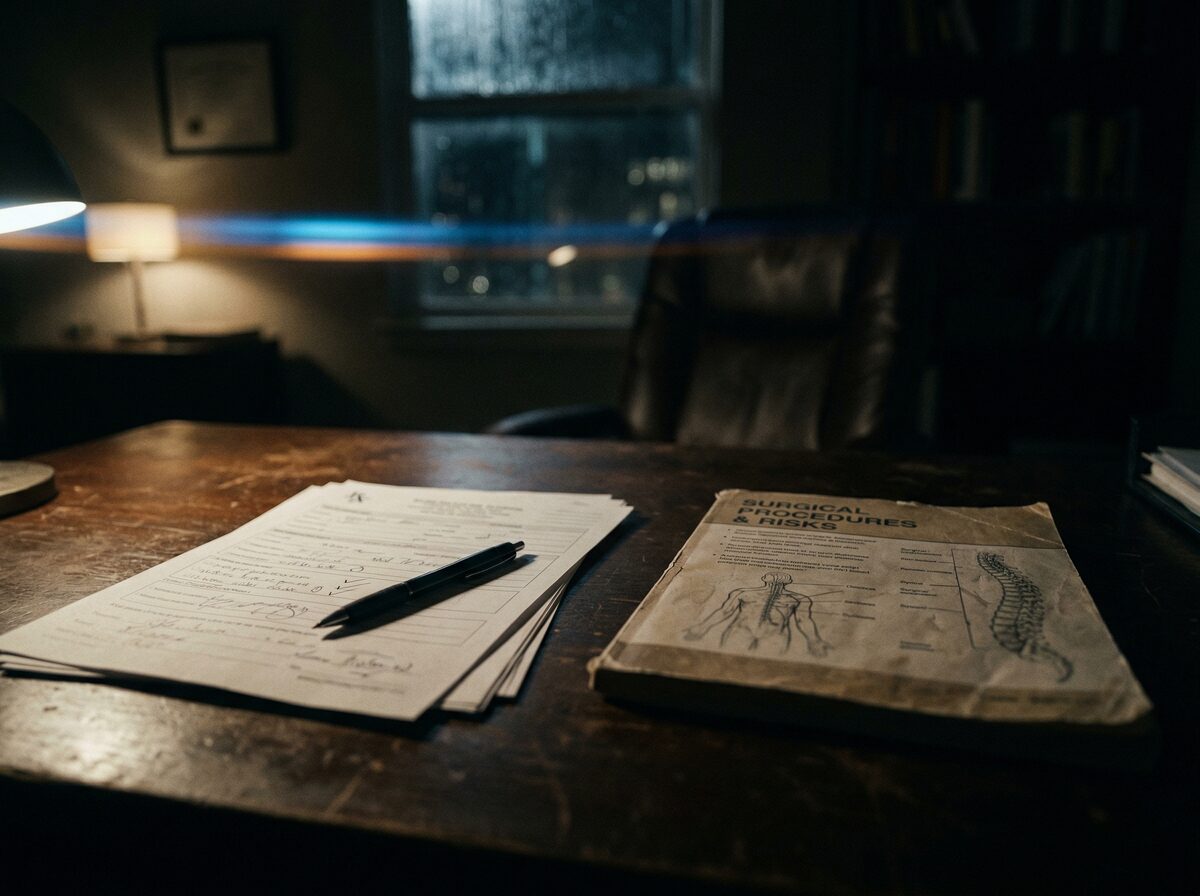 Schreibtisch in einem Beratungsraum mit medizinischen Formularen und OP-Broschüre auf dunklem Holz