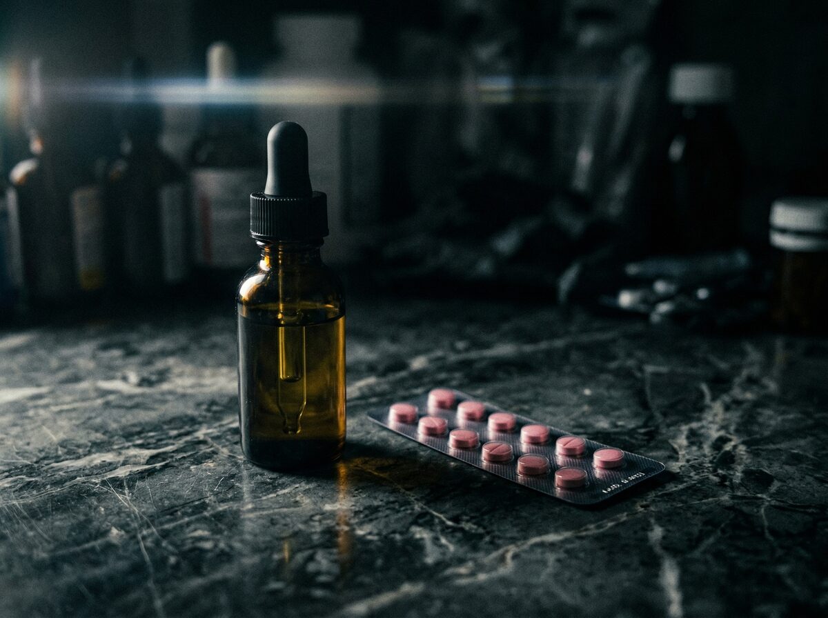 Minoxidil-Tropfflasche und Finasterid-Tablettenstreifen auf dunkler Marmoroberfläche