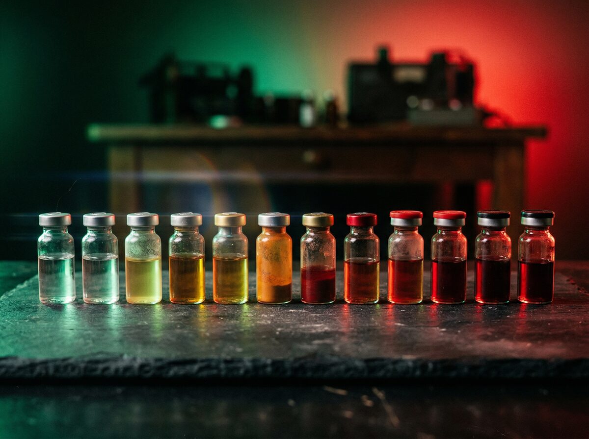 Verschiedenfarbige Steroid-Vials von links nach rechts auf dunkler Oberfläche mit Grün-Rot-Farbverlauf