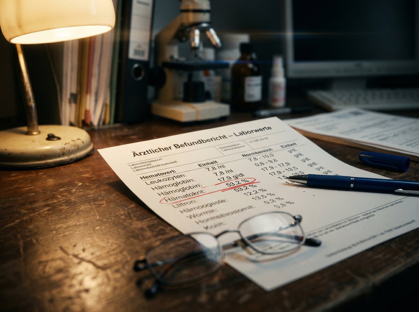 Laborbefund mit markiertem Hämatokrit-Wert von 53,2 Prozent als typisches Befundbild bei Testosteron-Therapie