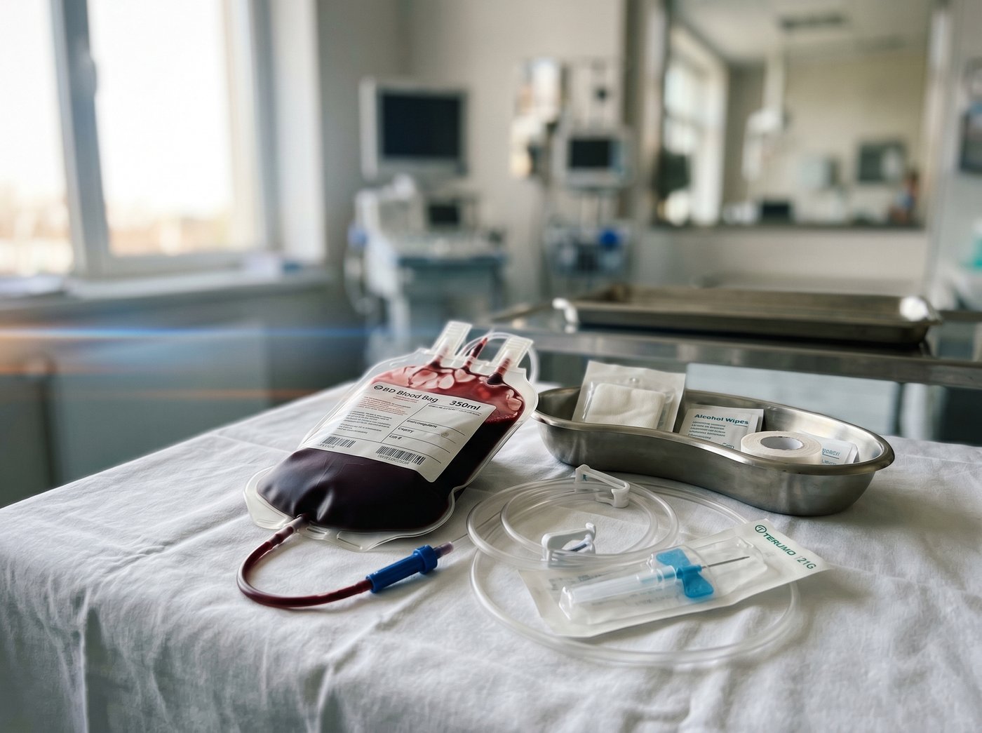 Klinische Aderlass-Vorbereitung mit Blutbeutel und sterilem Material als Standardbild für Phlebotomie bei erhöhtem Hämatokrit