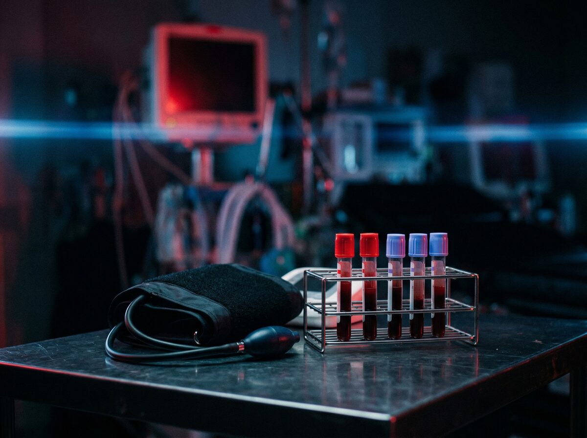 Blutdruckmanschette und Blutprobenröhrchen auf klinischer Oberfläche