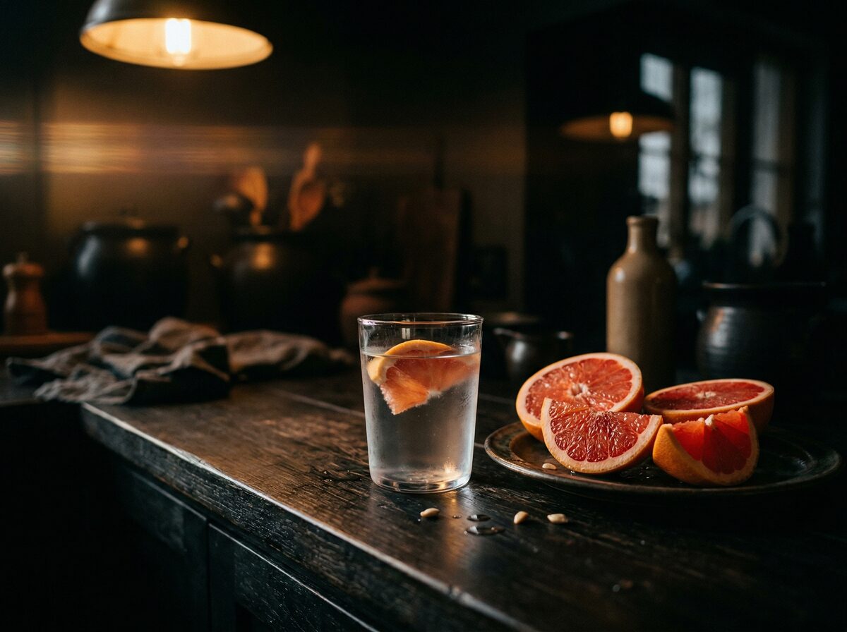 Glas Wasser und Grapefruit-Scheiben auf dunkler Küchentheke