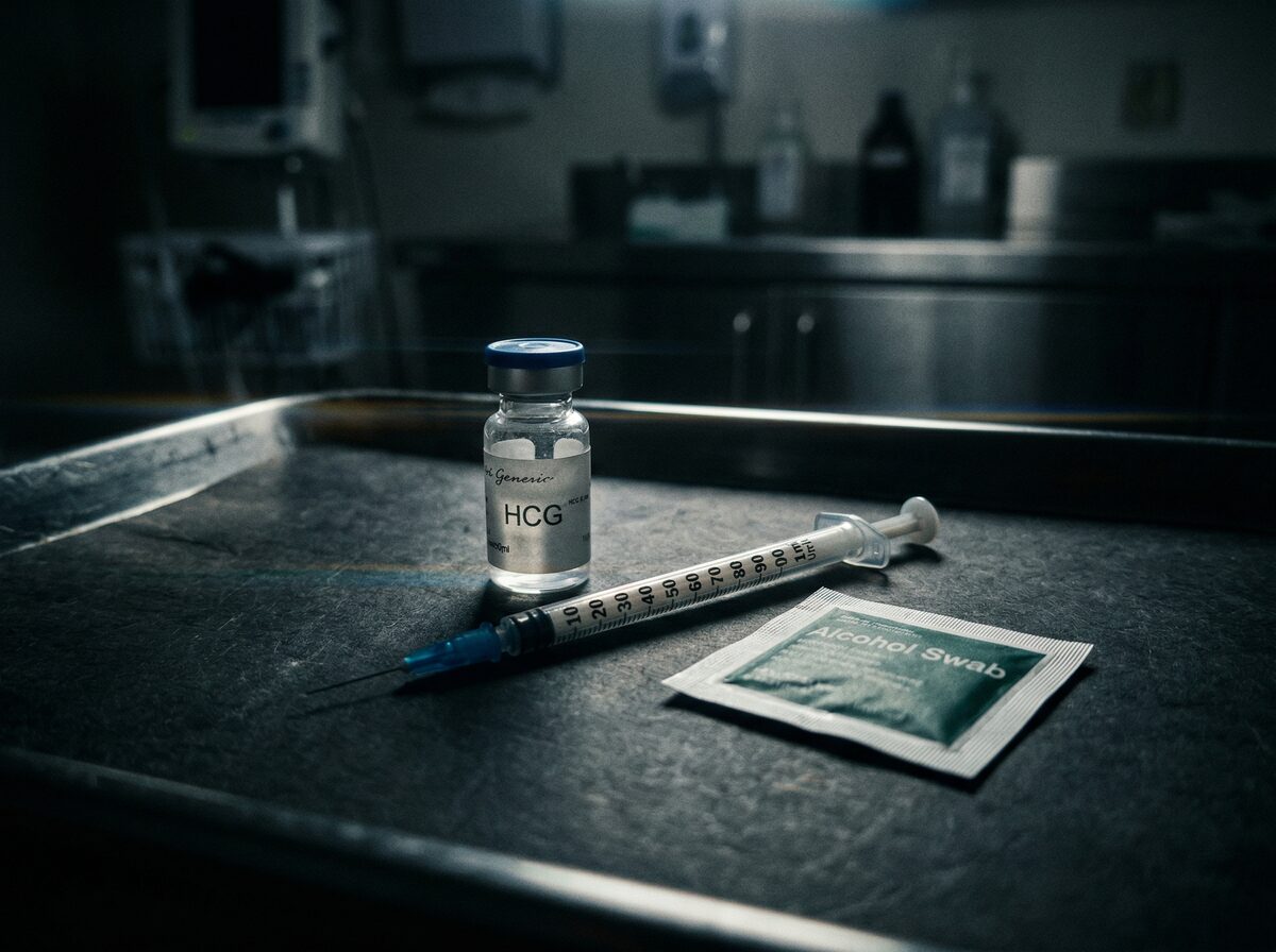 HCG Vial mit Insulinspritze und Alkoholtupfer auf steriler Oberfläche